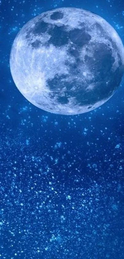 A stunning blue night sky with a full moon and sparkling stars.