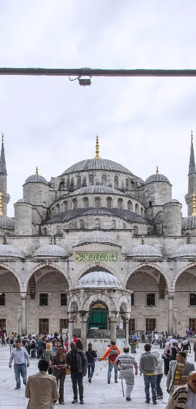 View of the Blue Mosque from an arched corridor in Istanbul.