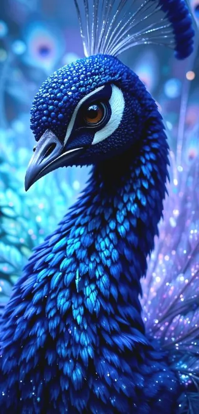 Majestic blue peacock with radiant feathers in artistic design.