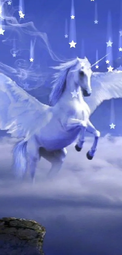 Majestic pegasus flying in a blue sky with clouds.