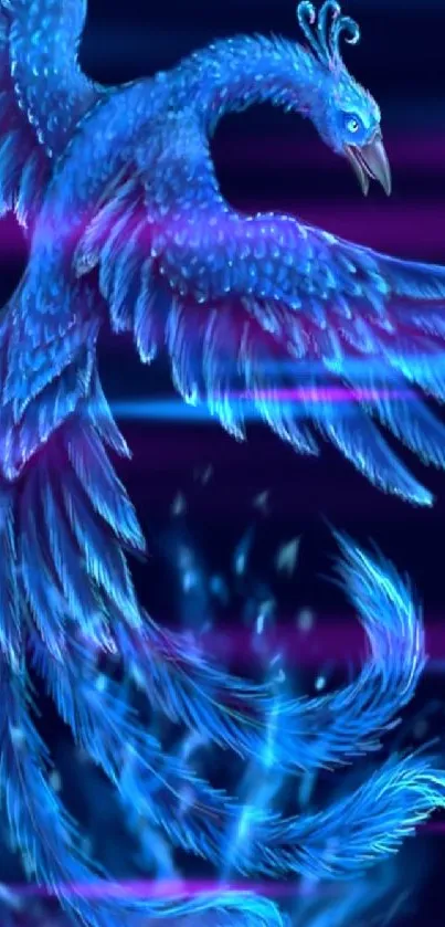 Majestic blue phoenix flies with radiant plumage.