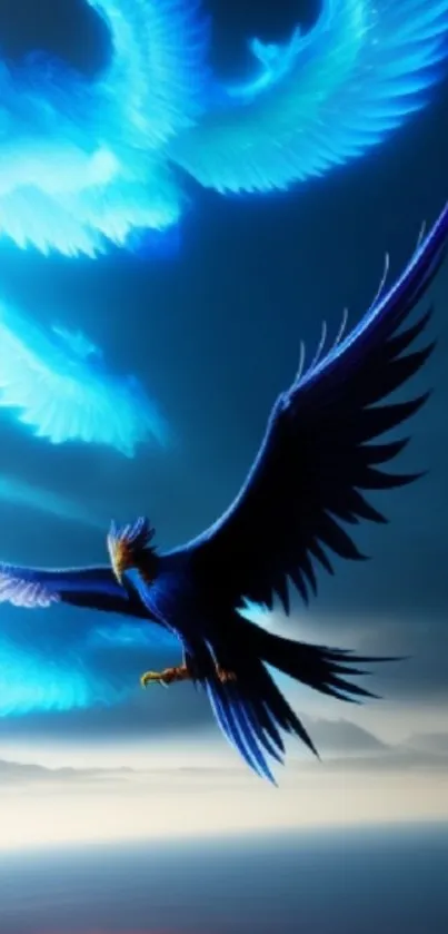 Majestic blue phoenix soaring in a vibrant sky.