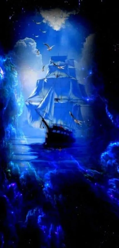 Majestic blue ship in cosmic ocean wallpaper.