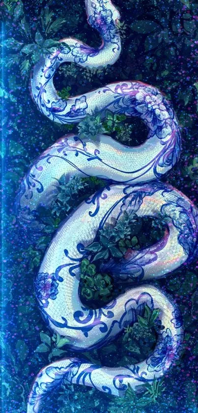 Artistic blue snake with intricate patterns on a lush green background.