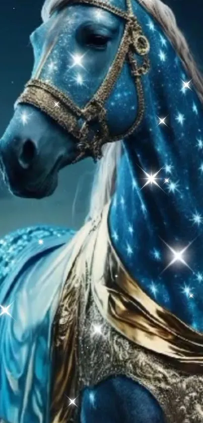 A majestic blue horse with golden accents, surrounded by sparkling stars.