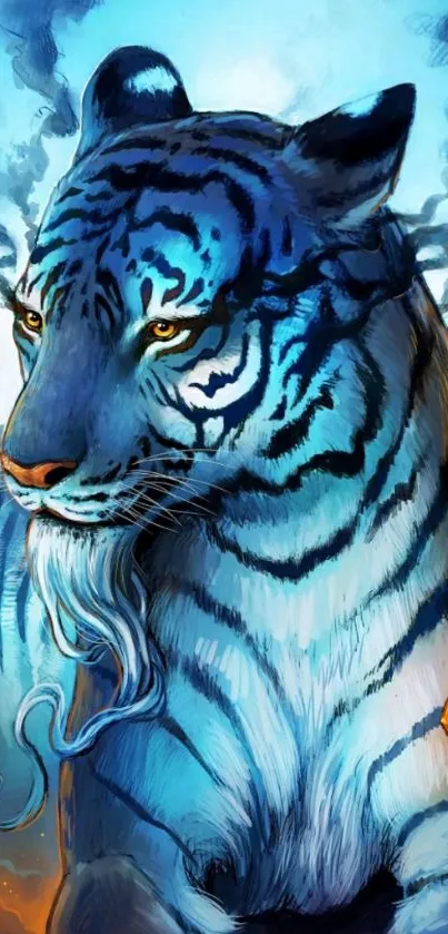 Majestic blue tiger with vibrant fish background.