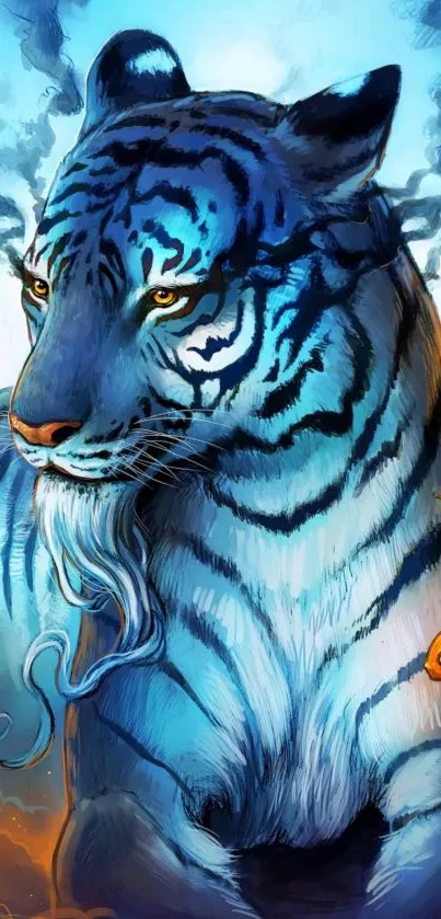 Majestic blue tiger with goldfish art in a digital fantasy style.