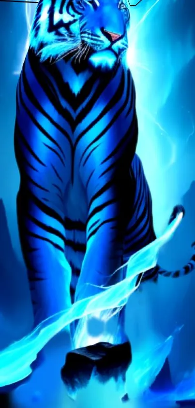 Majestic blue tiger with electric aura in vibrant digital art.