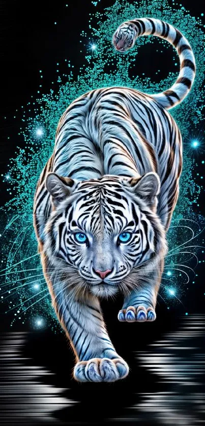 Blue tiger with cosmic design on mobile wallpaper.