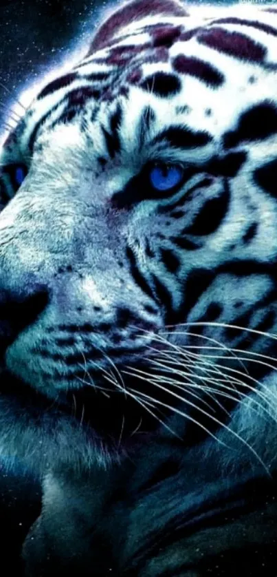 Majestic white tiger with blue eyes against a cosmic background wallpaper.