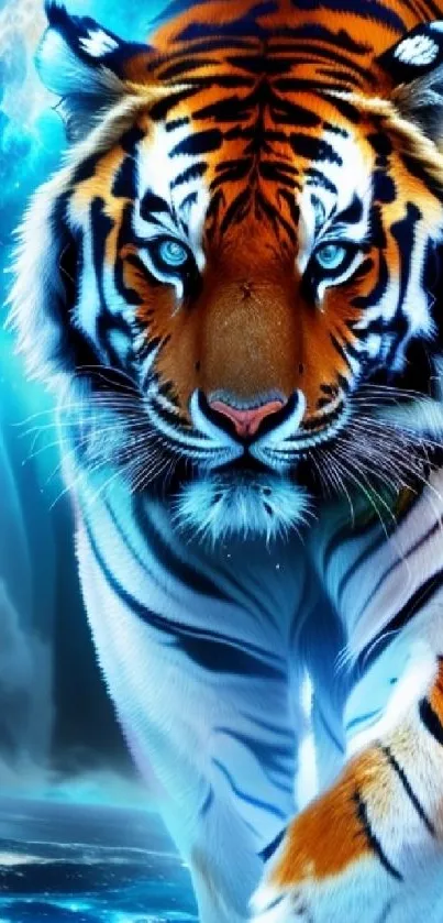 HD wallpaper featuring a majestic blue-eyed tiger in a vibrant natural background.