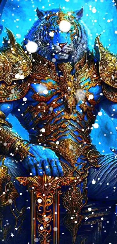 Majestic blue tiger warrior in gold armor, perfect for fantasy wallpaper.