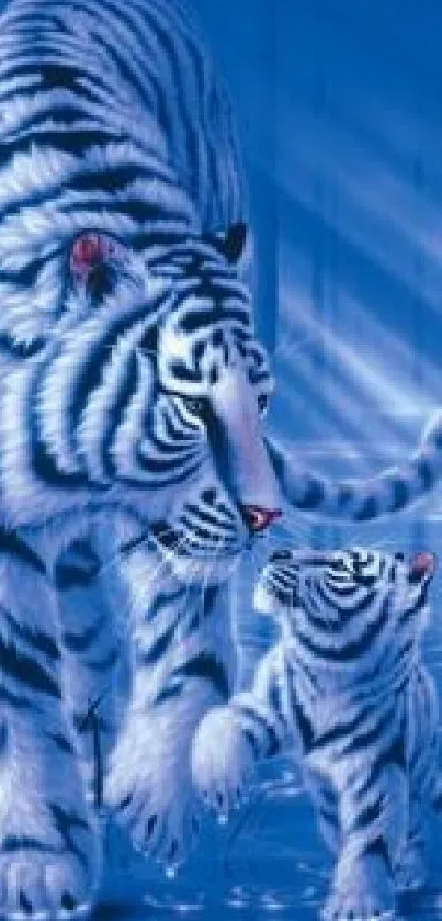 White tiger with cub in a blue forest wallpaper.