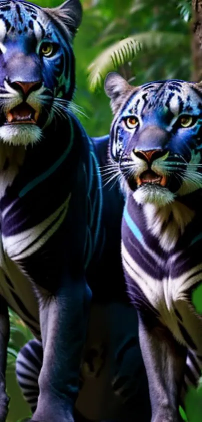 Two majestic blue tigers in a lush forest setting, perfect for mobile wallpaper.