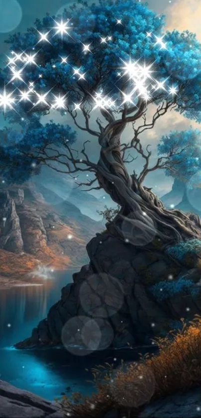 Majestic blue tree on a rocky cliff by a lake.