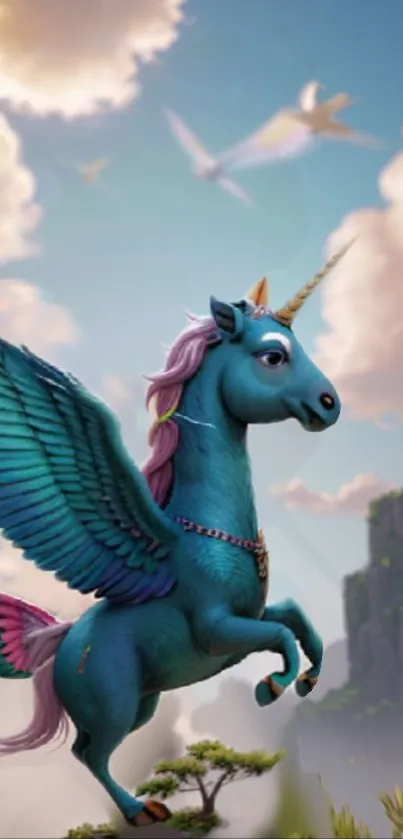 Majestic blue unicorn with wings in a fantasy sky.