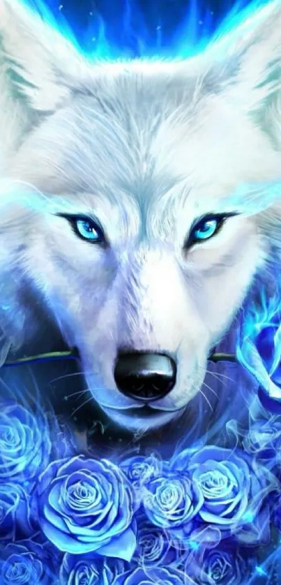 Majestic blue wolf with glowing eyes surrounded by blue roses.