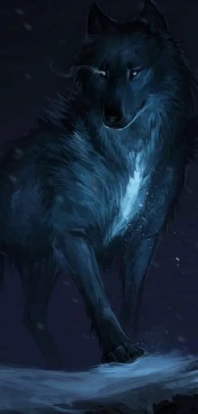 Blue wolf standing on snow under a night sky.