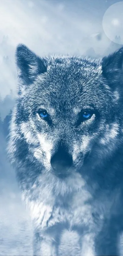 Majestic blue wolf with icy background on mobile wallpaper.