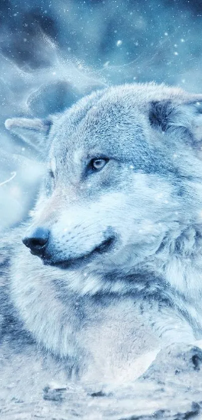 A majestic blue-toned wolf resting in a snowy landscape as a mobile wallpaper.