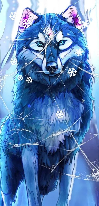 Majestic blue wolf in a snowy forest, digital artwork.