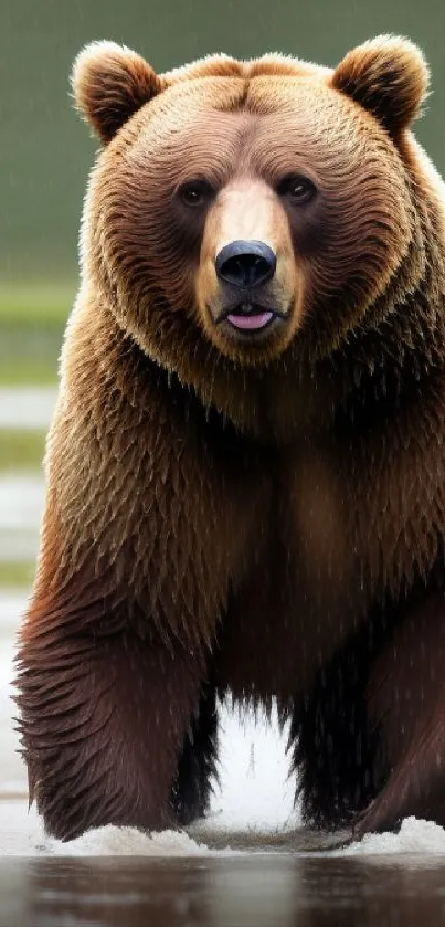 Majestic brown bear standing in water, blurred natural background.