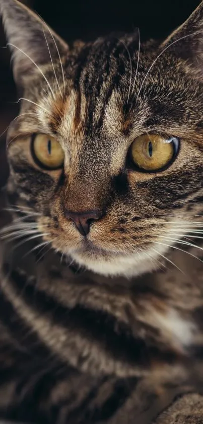 Close-up of a brown cat with striking amber eyes, perfect mobile wallpaper.