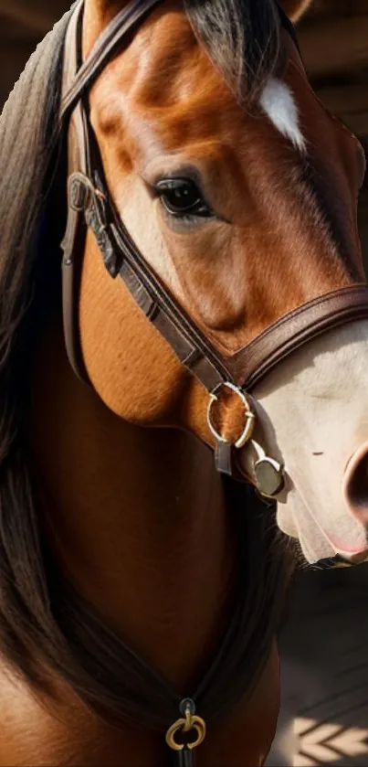 Majestic brown horse with leather bridle mobile wallpaper.