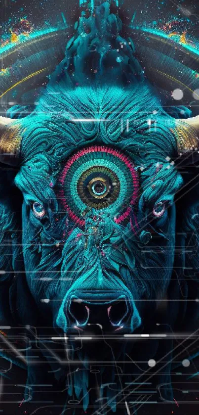 Majestic bull digital art wallpaper with vibrant cyan blue tones.