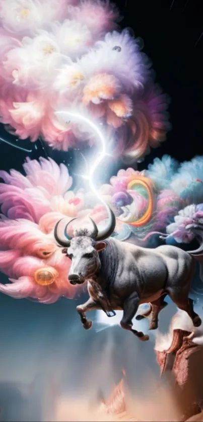 Fantasy wallpaper with a vibrant bull among colorful, ethereal clouds.