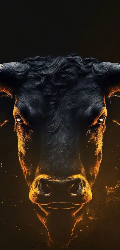 Majestic bull head with dark background, glowing highlights.