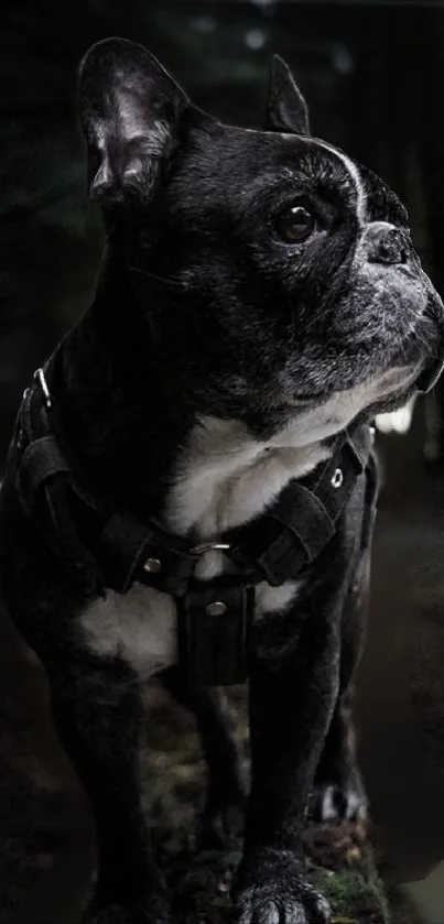 Bulldog standing confidently in a dark, moody forest setting, exuding strength and charm.