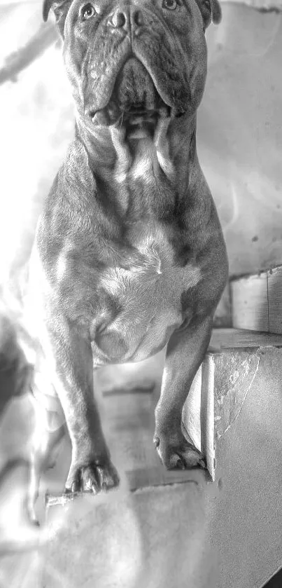 Black and white image of a muscular bulldog standing strong.