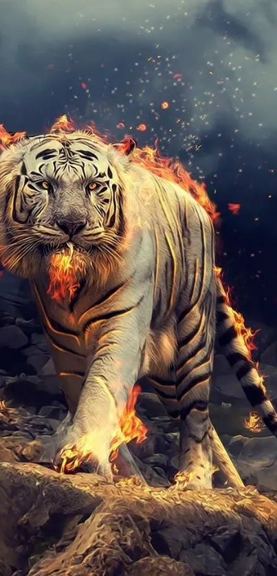 Burning tiger walking on rocky terrain, surrounded by flames.