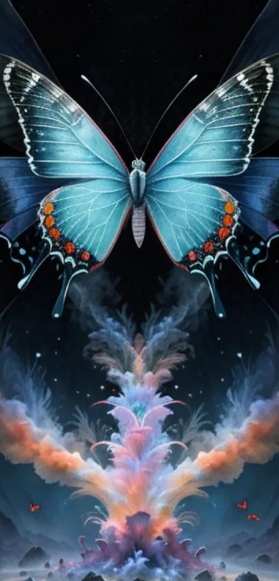 Majestic blue butterfly in cosmic fantasy art wallpaper.