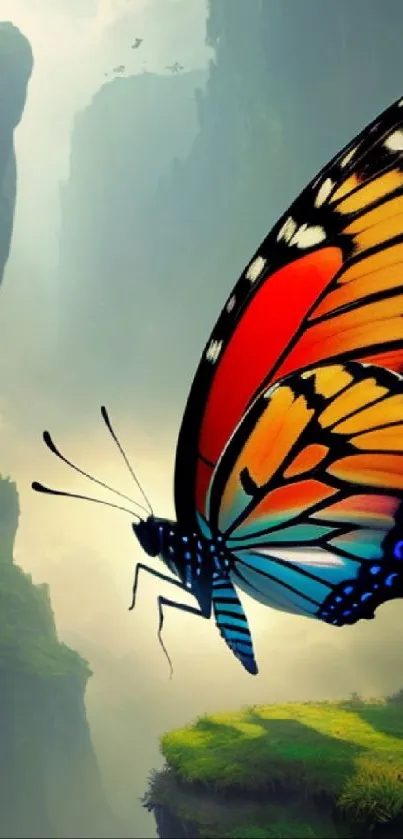 Vibrant butterfly flying over a serene cliffside landscape.