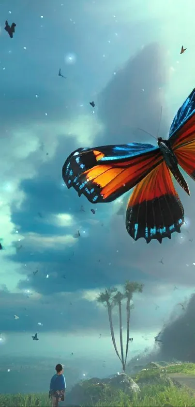 Majestic butterfly in a serene landscape with vibrant colors.