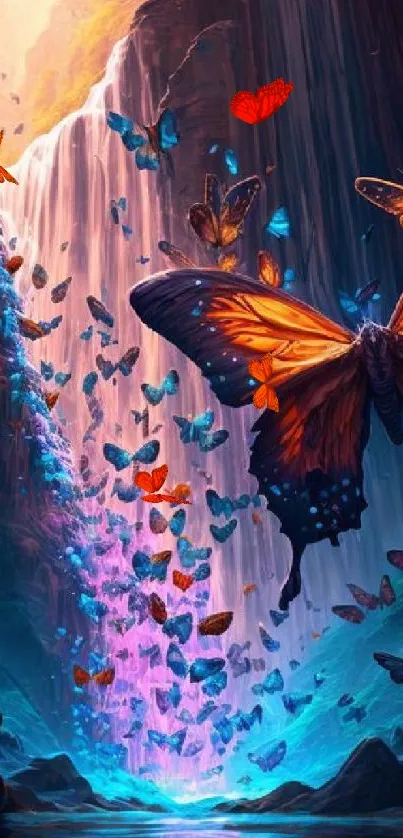 Vibrant butterflies flutter around a cascading mystical waterfall.