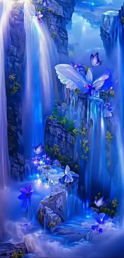 Mesmerizing blue waterfall with butterflies on a mystical backdrop.