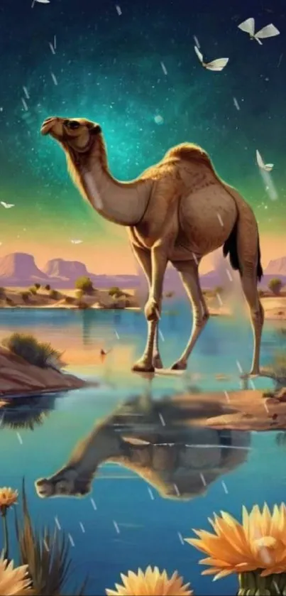 Majestic camel stands by reflecting desert lake under a starry sky with flowers.