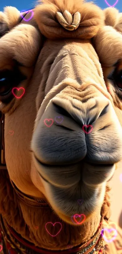 Close-up of a camel in the desert with a clear blue sky.