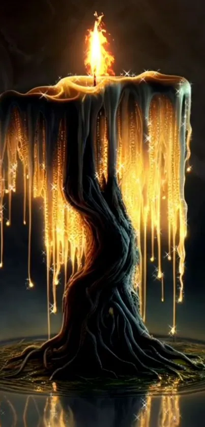 Dripping candle with mystical sparks and amber light on a mobile wallpaper.