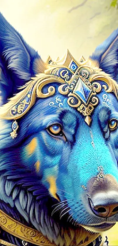 Blue canine with gold jewelry in forest setting.