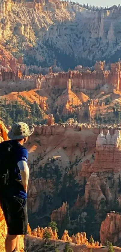 Man hiking in a picturesque canyon landscape at sunrise.