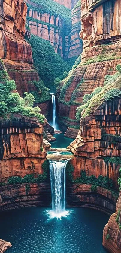Enchanting canyon waterfall with lush greenery and cascading waters.