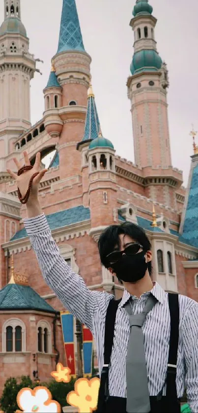 Man posing in front of a majestic castle with spires and blue rooftops.