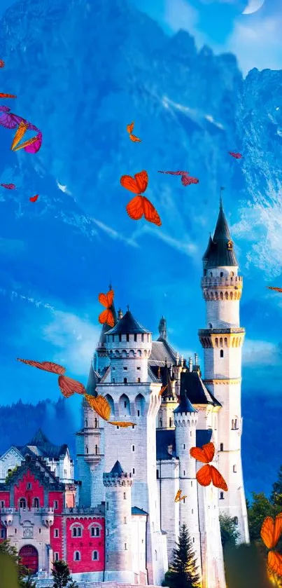 Majestic castle surrounded by butterflies and mountain backdrop.