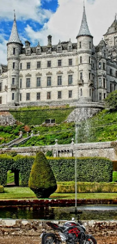 Majestic castle with lush garden and blue sky.