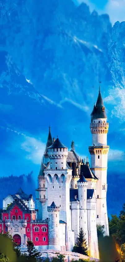 Majestic castle with mountains and blue sky in background.