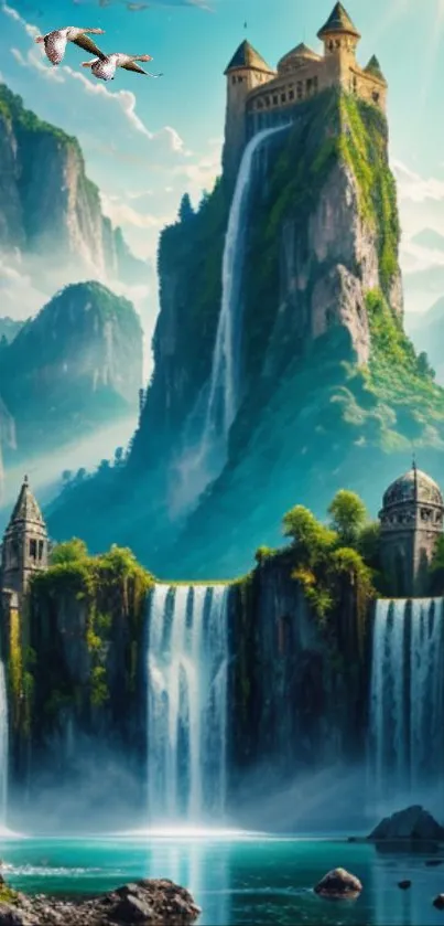 Majestic castle on cliff with waterfalls and lush greenery, perfect mobile wallpaper.